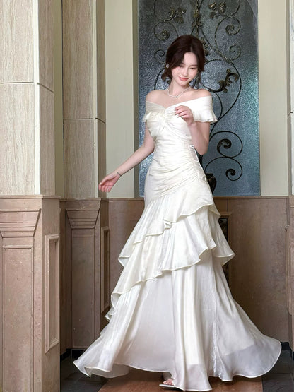 Classy Mermaid Off The Shoulder White With Short Sleeves Long Party Gowns Prom Dresses N2046