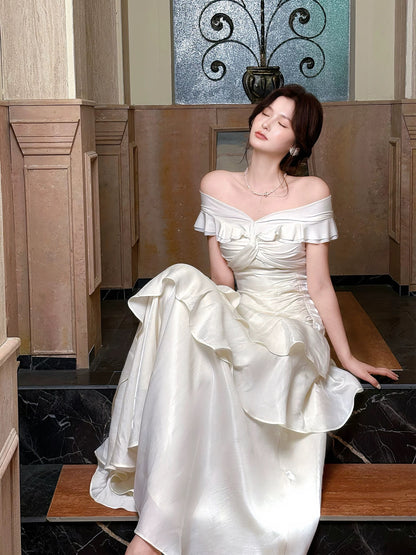 Classy Mermaid Off The Shoulder White With Short Sleeves Long Party Gowns Prom Dresses N2046