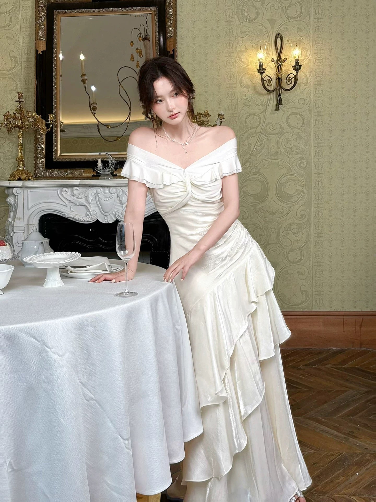 Classy Mermaid Off The Shoulder White With Short Sleeves Long Party Gowns Prom Dresses N2046