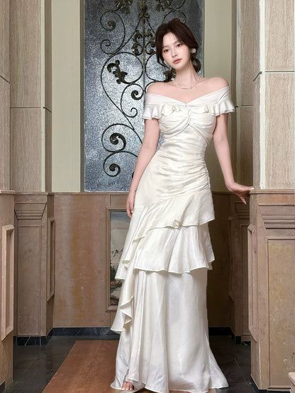 Classy Mermaid Off The Shoulder White With Short Sleeves Long Party Gowns Prom Dresses N2046