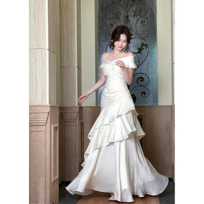 Classy Mermaid Off The Shoulder White With Short Sleeves Long Party Gowns Prom Dresses N2046
