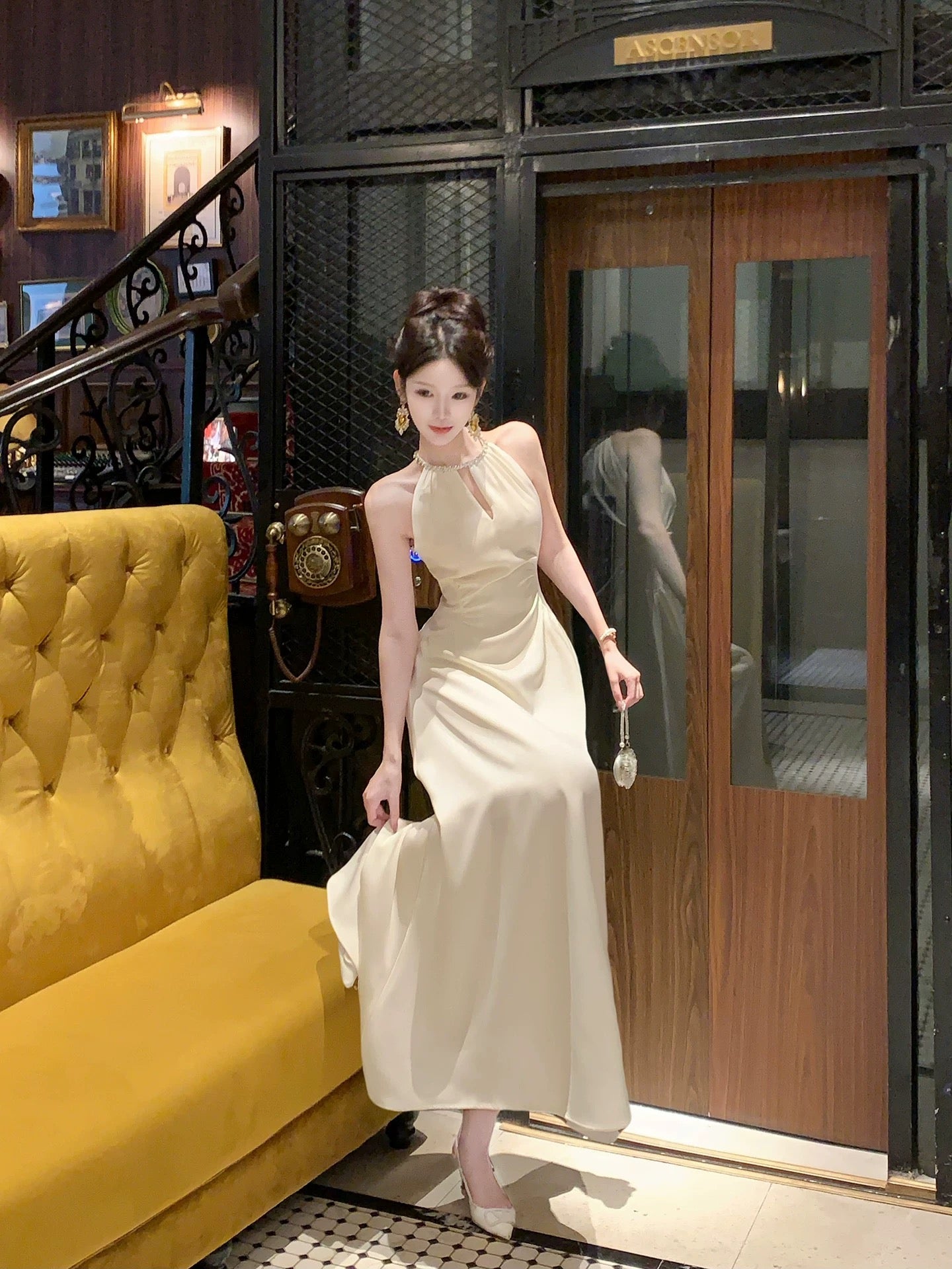 Classic A Line Scoop Ivory Chiffon Inspiration Long Wedding Party Guest Dresses N2049