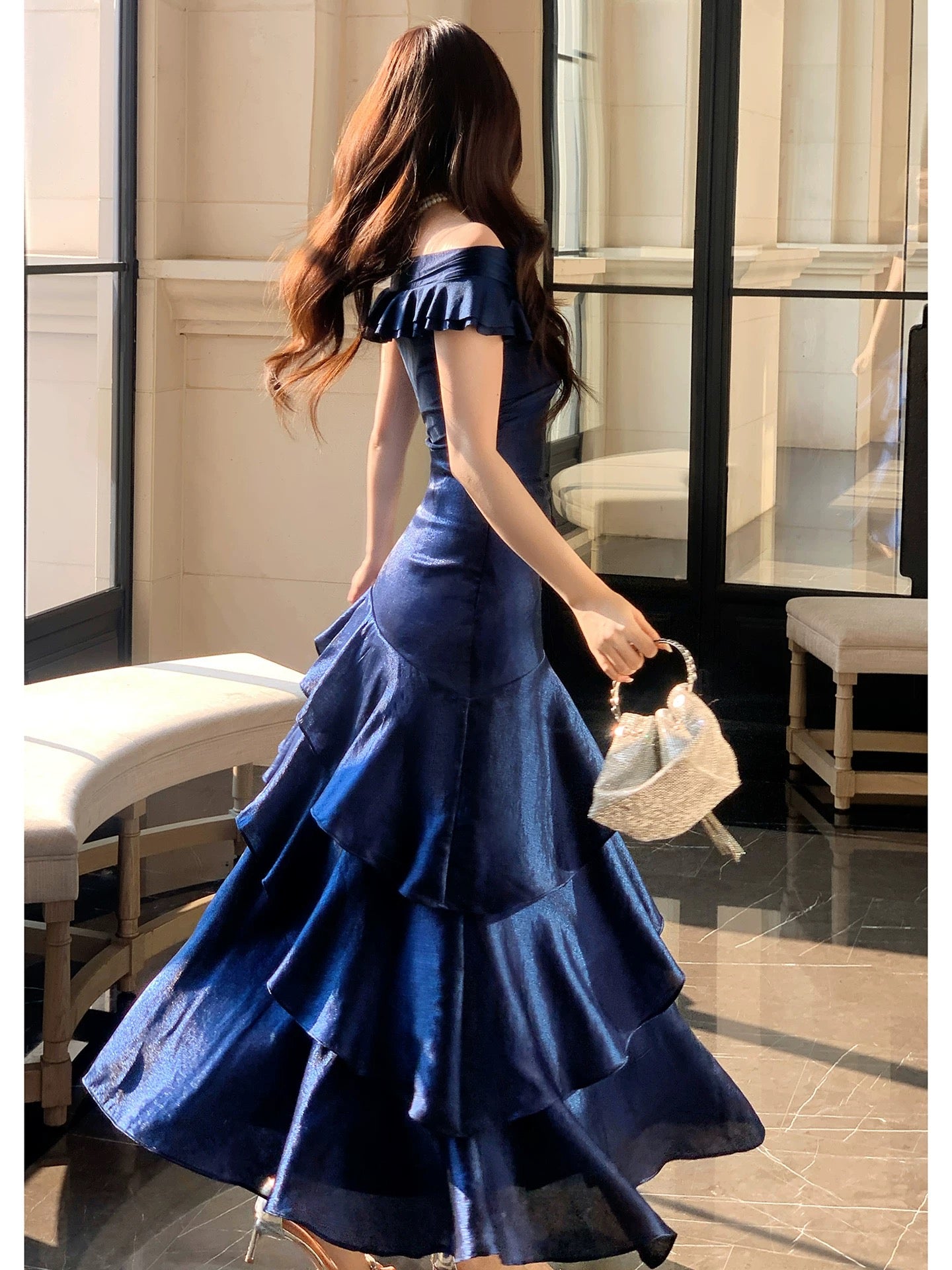 Classy Mermaid Off The Shoulder Royal Blue With Short Sleeves Long Party Gowns Prom Dresses N2050