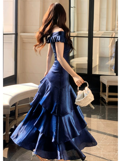 Classy Mermaid Off The Shoulder Royal Blue With Short Sleeves Long Party Gowns Prom Dresses N2050