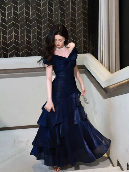 Classy Mermaid Off The Shoulder Royal Blue With Short Sleeves Long Party Gowns Prom Dresses N2050
