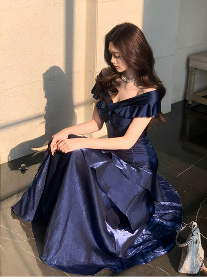 Classy Mermaid Off The Shoulder Royal Blue With Short Sleeves Long Formal Gowns Prom Dresses N2051