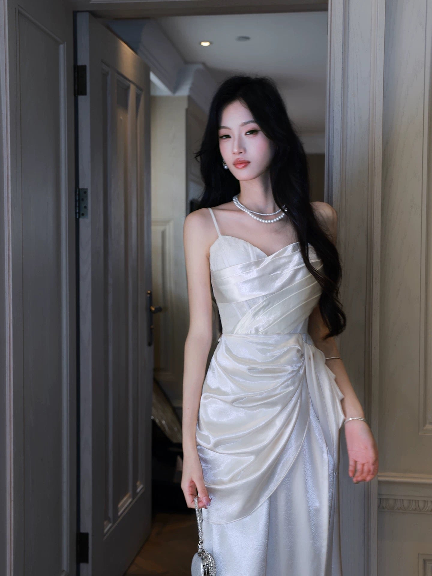 Classic Mermaid Spaghetti Straps Ivory Pleated Inspiration Long Wedding Party Guest Dresses N2051