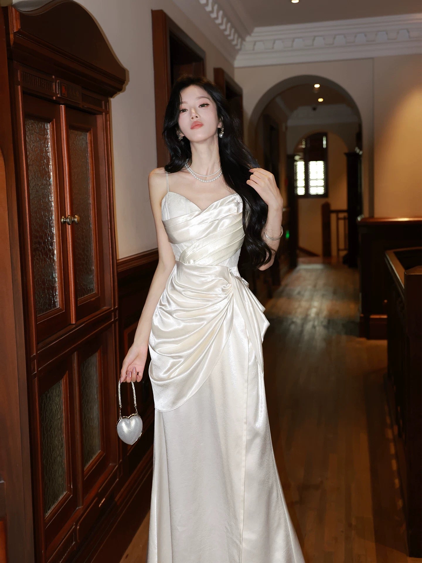 Classic Mermaid Spaghetti Straps Ivory Pleated Inspiration Long Wedding Party Guest Dresses N2051