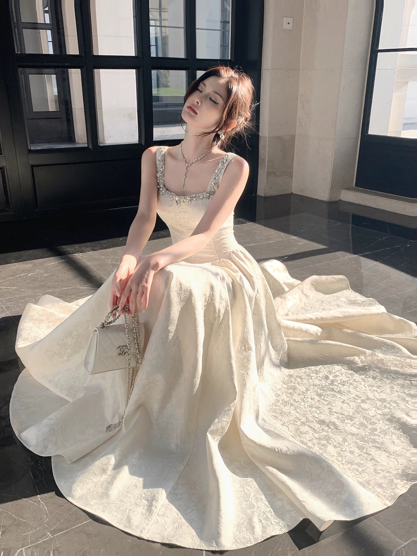 Classic A Line Square Neck Ivory Satin Inspiration Long Wedding Party Guest Dresses N2052
