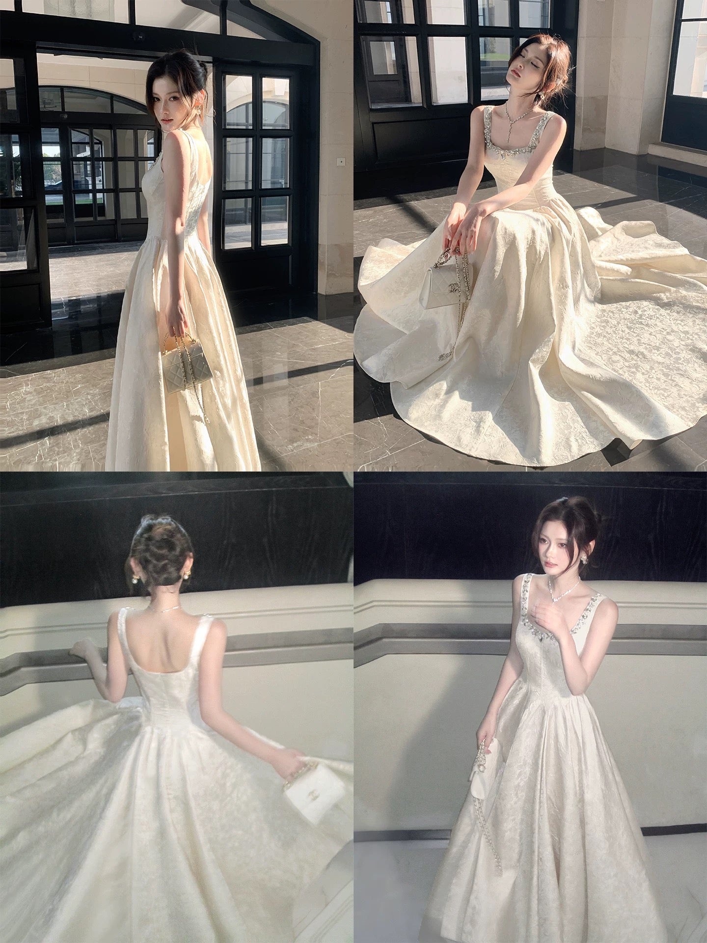 Classic A Line Square Neck Ivory Satin Inspiration Long Wedding Party Guest Dresses N2052