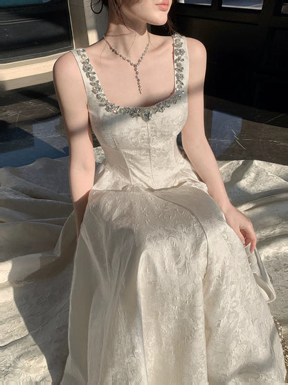 Classic A Line Square Neck Ivory Satin Inspiration Long Wedding Party Guest Dresses N2052