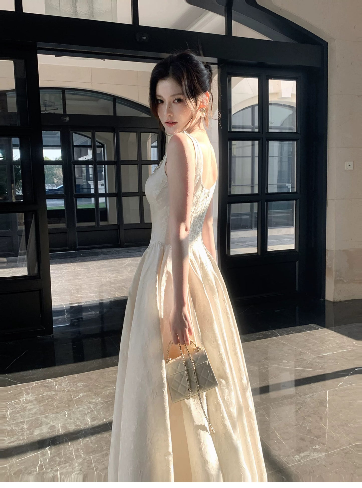 Classic A Line Square Neck Ivory Satin Inspiration Long Wedding Party Guest Dresses N2052