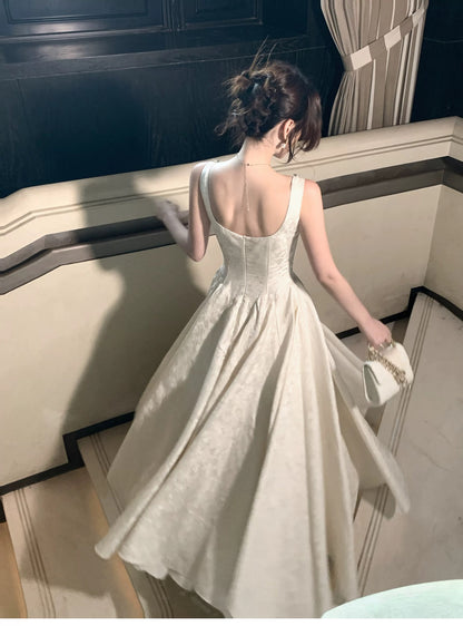 Classic A Line Square Neck Ivory Satin Inspiration Long Wedding Party Guest Dresses N2052