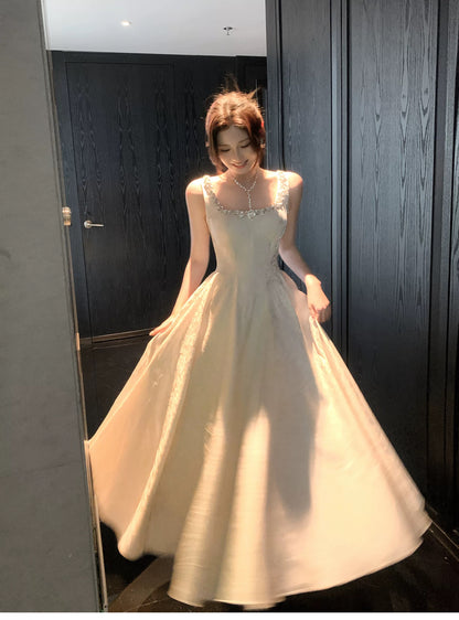 Classic A Line Square Neck Ivory Satin Inspiration Long Wedding Party Guest Dresses N2052