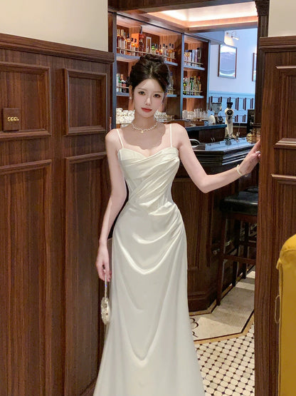 Simple Mermaid Spaghetti Straps Satin Ankle Length Long Party Gowns Prom Dresses N2054