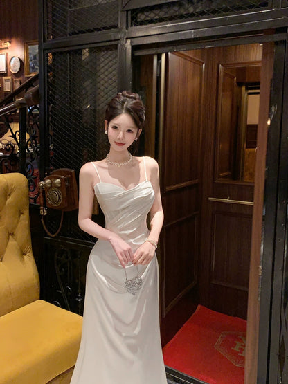 Simple Mermaid Spaghetti Straps Satin Ankle Length Long Party Gowns Prom Dresses N2054