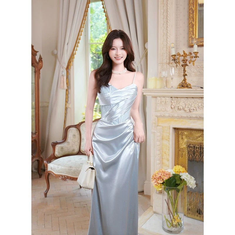 Simple Mermaid Spaghetti Straps Satin Ankle Length Long Party Gowns Prom Dresses N2054