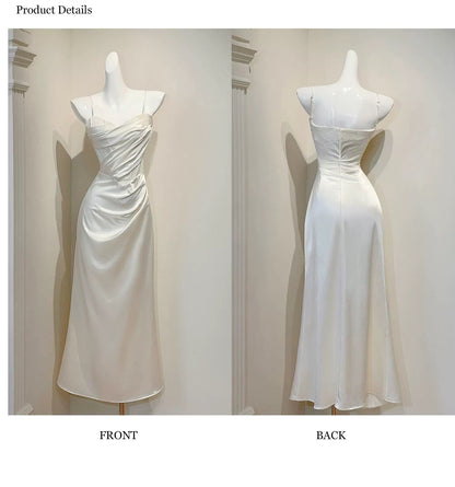 Simple Mermaid Spaghetti Straps Satin Ankle Length Long Party Gowns Prom Dresses N2054