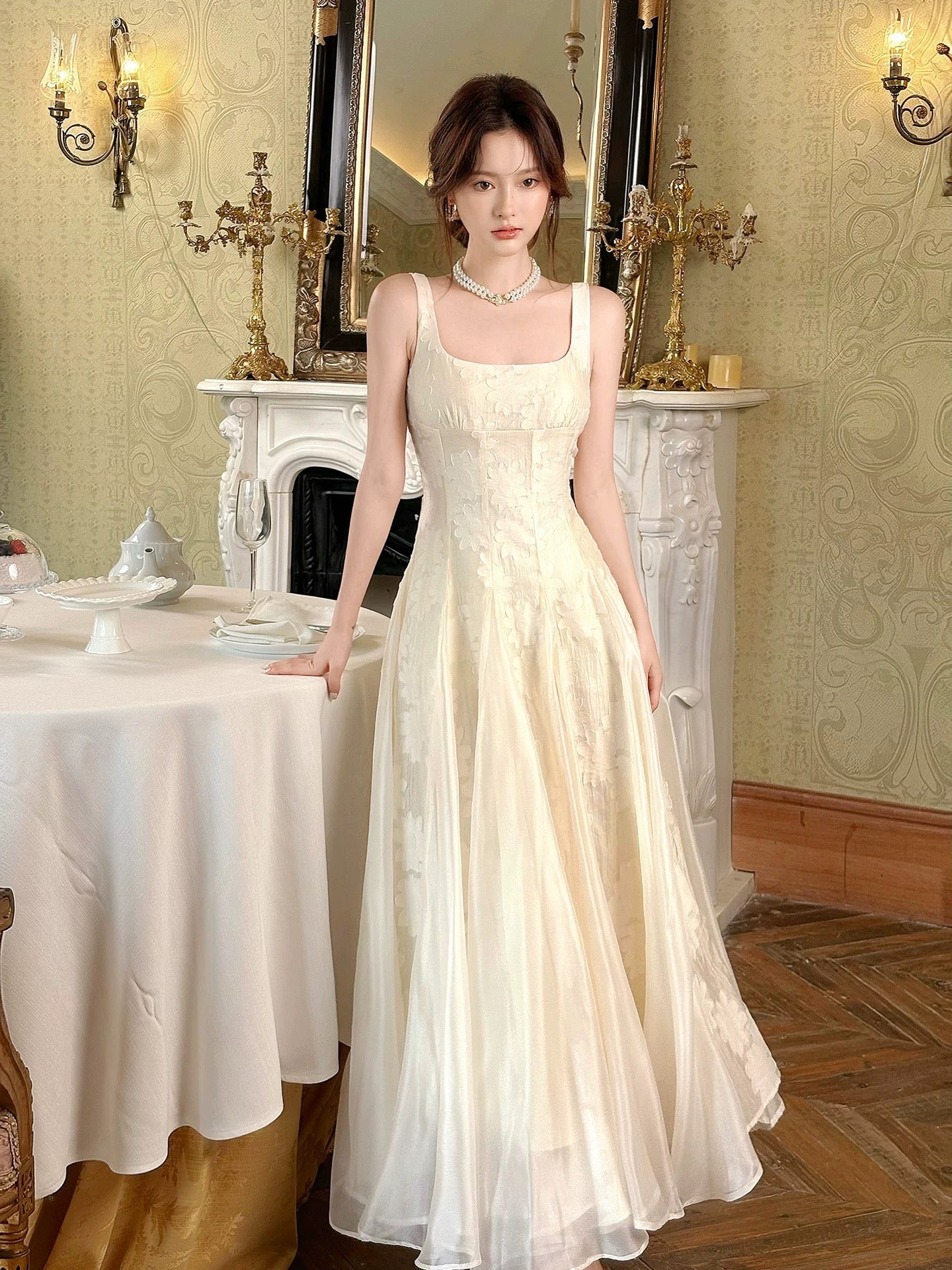 Princess A Line Square Neck Champagne Lace Inspiration Long Wedding Party Guest Dresses N2057