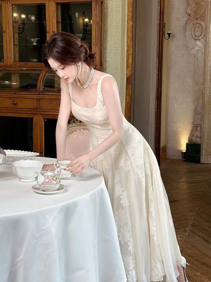 Princess A Line Square Neck Champagne Lace Inspiration Long Wedding Party Guest Dresses N2057