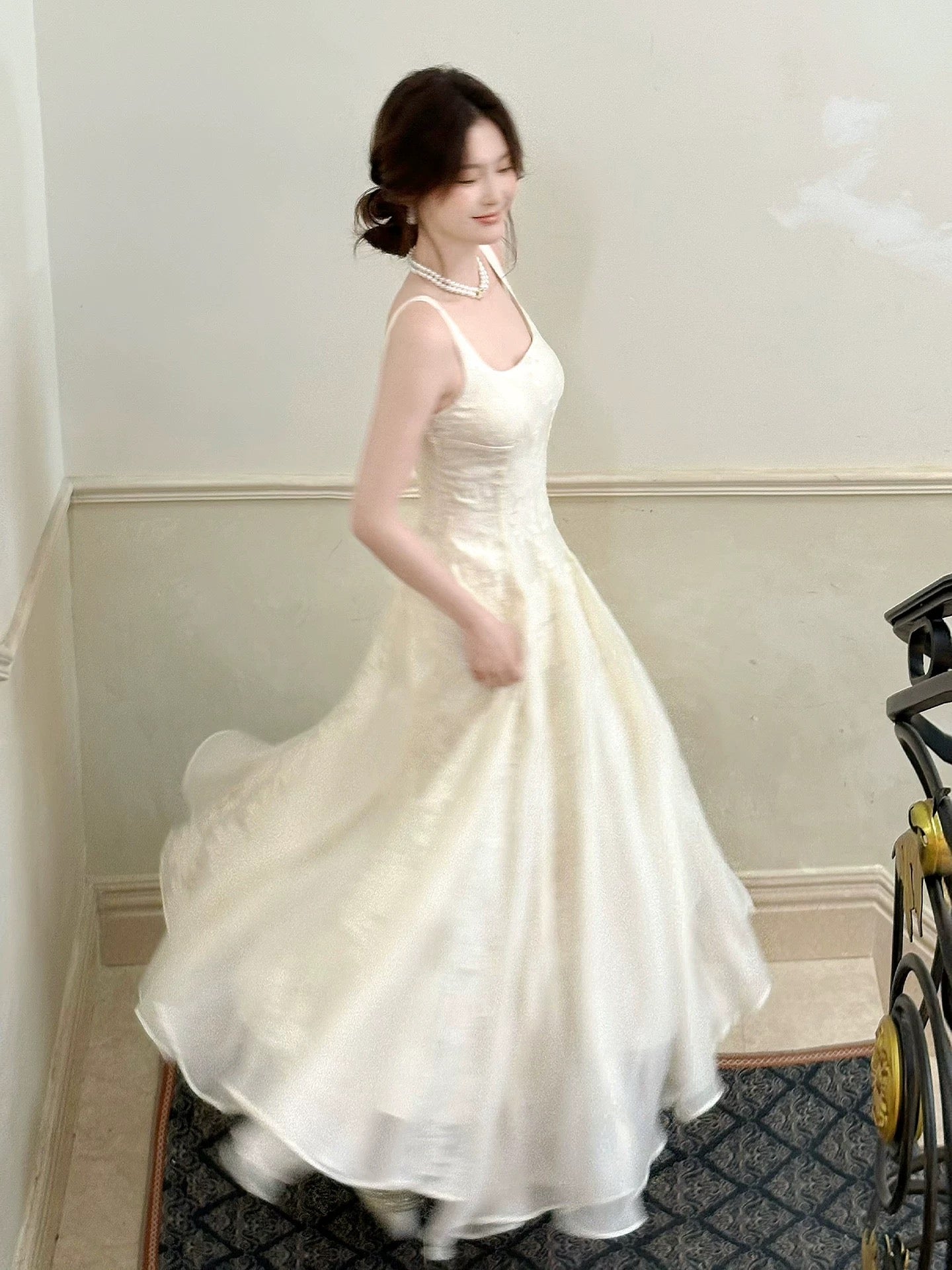 Princess A Line Square Neck Champagne Lace Inspiration Long Wedding Party Guest Dresses N2057