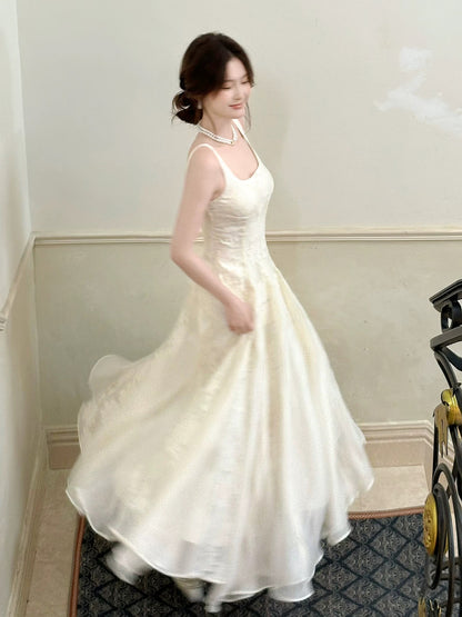 Princess A Line Square Neck Champagne Lace Inspiration Long Wedding Party Guest Dresses N2057