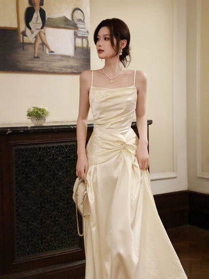 Simple A Line Spaghetti Straps Champagne Satin Inspiration Long Wedding Party Guest Dresses N2058