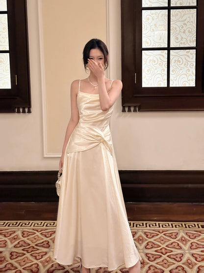 Simple A Line Spaghetti Straps Champagne Satin Inspiration Long Wedding Party Guest Dresses N2058