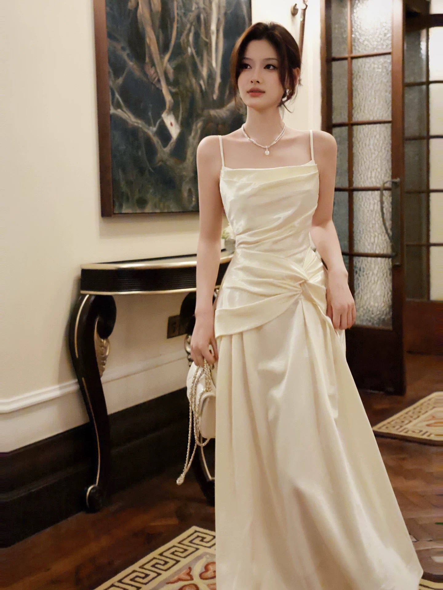 Simple A Line Spaghetti Straps Champagne Satin Inspiration Long Wedding Party Guest Dresses N2058