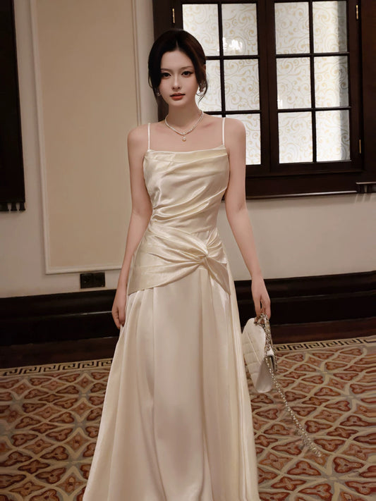 Simple A Line Spaghetti Straps Champagne Satin Inspiration Long Wedding Party Guest Dresses N2058