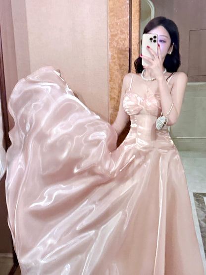 Simple A Line Spaghetti Straps Pink Satin Inspiration Long Wedding Party Guest Dresses N2059