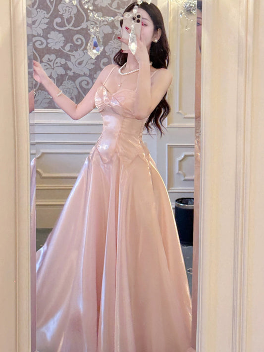 Simple A Line Spaghetti Straps Pink Satin Inspiration Long Wedding Party Guest Dresses N2059