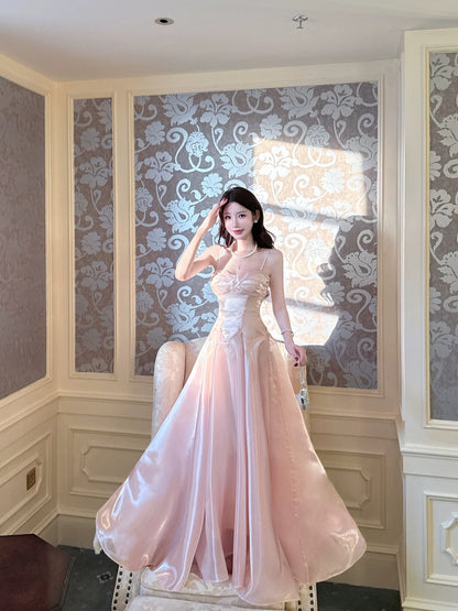 Simple A Line Spaghetti Straps Pink Satin Inspiration Long Wedding Party Guest Dresses N2059