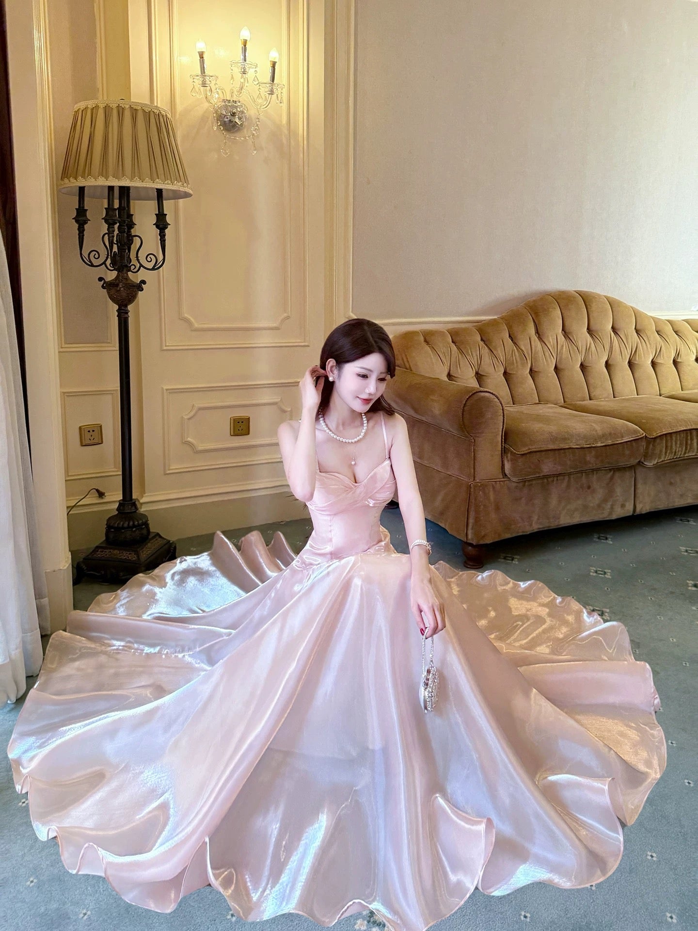 Simple A Line Spaghetti Straps Pink Satin Inspiration Long Wedding Party Guest Dresses N2059