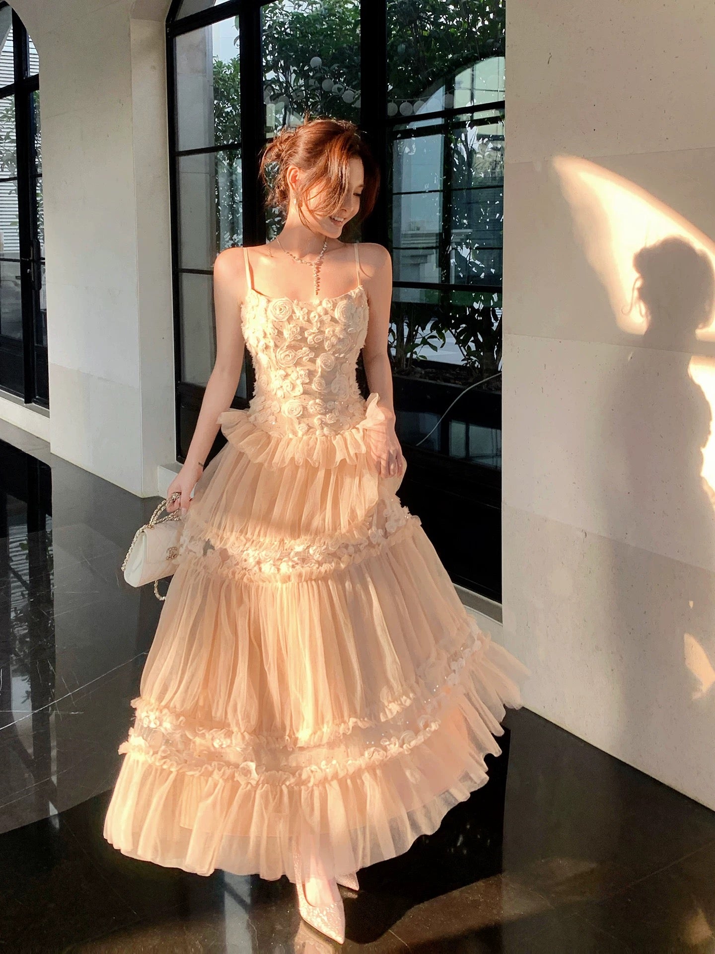 French Style A Line Spaghetti Straps Tulle Inspiration Long Wedding Party Guest Dresses N2060