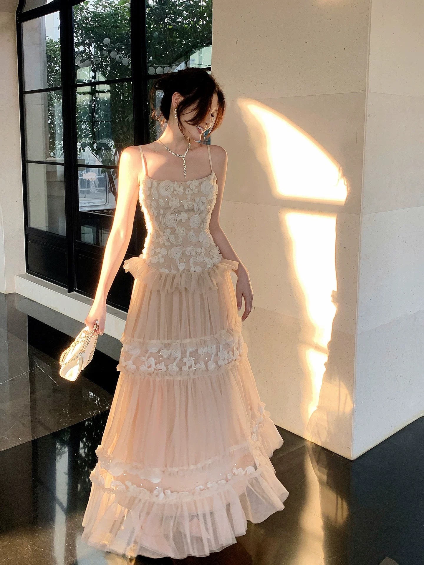 French Style A Line Spaghetti Straps Tulle Inspiration Long Wedding Party Guest Dresses N2060