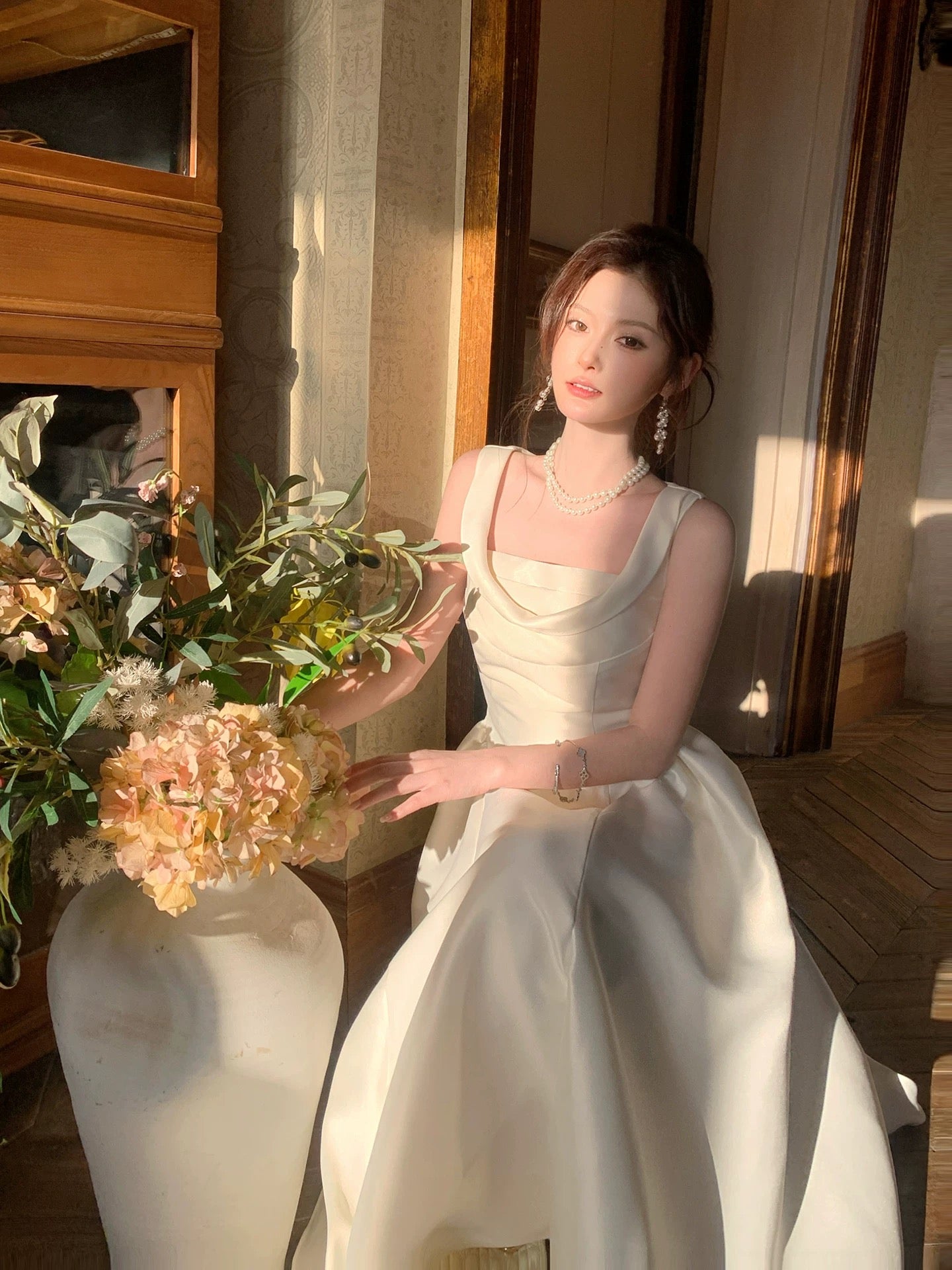 Simple A Line Square Neck Ivory Satin Inspiration Long Wedding Party Guest Dresses N2061