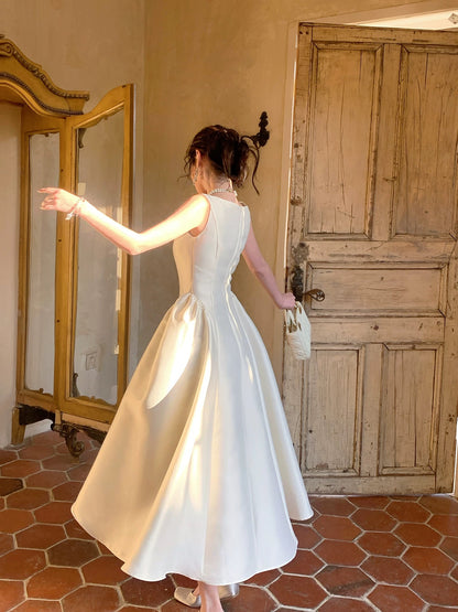 Simple A Line Square Neck Ivory Satin Inspiration Long Wedding Party Guest Dresses N2061