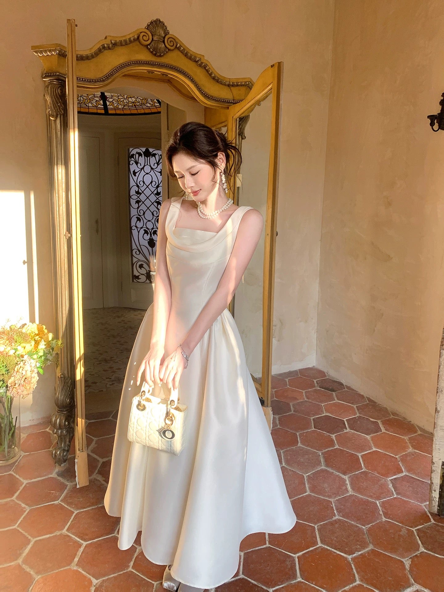 Simple A Line Square Neck Ivory Satin Inspiration Long Wedding Party Guest Dresses N2061