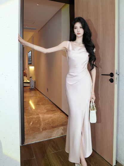French Style Mermaid Off The Shoulder Satin Slit Inspiration Long Prom Wedding Guest Dresses N2063