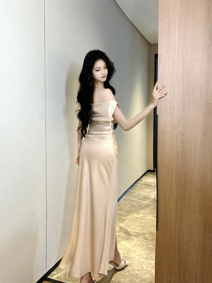 French Style Mermaid Off The Shoulder Satin Slit Inspiration Long Prom Wedding Guest Dresses N2063