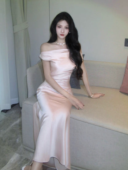 French Style Mermaid Off The Shoulder Satin Slit Inspiration Long Prom Wedding Guest Dresses N2063