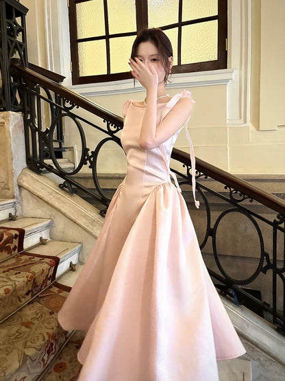 French Style Simple A Line Pink Satin Inspiration Long Prom Wedding Guest Dresses N2064