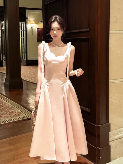 French Style Simple A Line Pink Satin Inspiration Long Prom Wedding Guest Dresses N2064