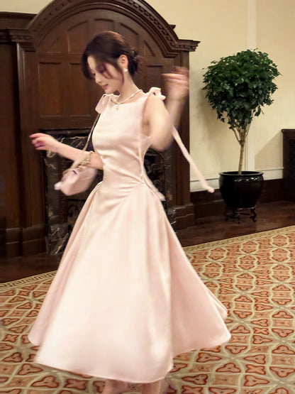 French Style Simple A Line Pink Satin Inspiration Long Prom Wedding Guest Dresses N2064