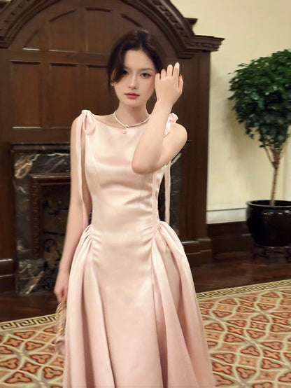 French Style Simple A Line Pink Satin Inspiration Long Prom Wedding Guest Dresses N2064