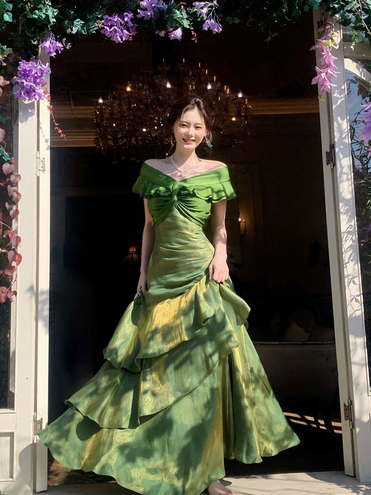 Classy Mermaid Off The Shoulder Dark Green With Short Sleeves Long Formal Gowns Prom Dresses N2066