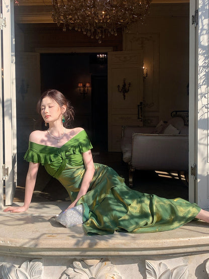 Modest Mermaid Off The Shoulder Dark Green With Short Sleeves Long Formal Gowns Prom Dresses N2067