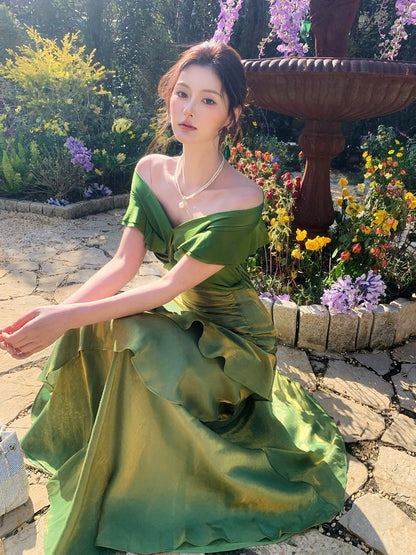 Modest Mermaid Off The Shoulder Dark Green With Short Sleeves Long Formal Gowns Prom Dresses N2067