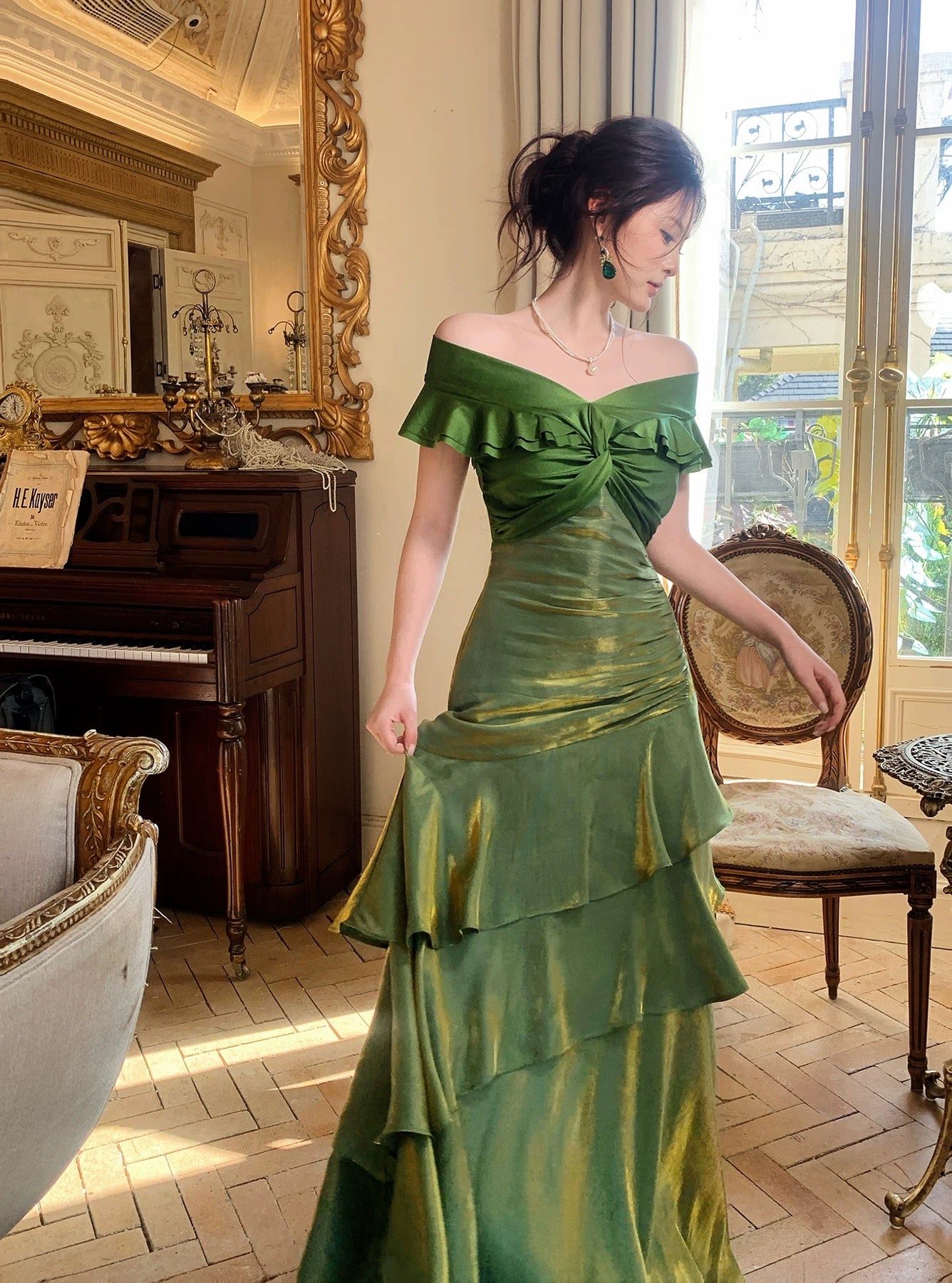 Modest Mermaid Off The Shoulder Dark Green With Short Sleeves Long Formal Gowns Prom Dresses N2067